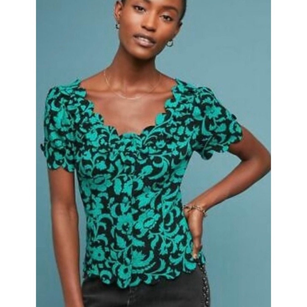 Maeve Anthropologie Scalloped Floral Damask Blouse Teal Green Black Size 6